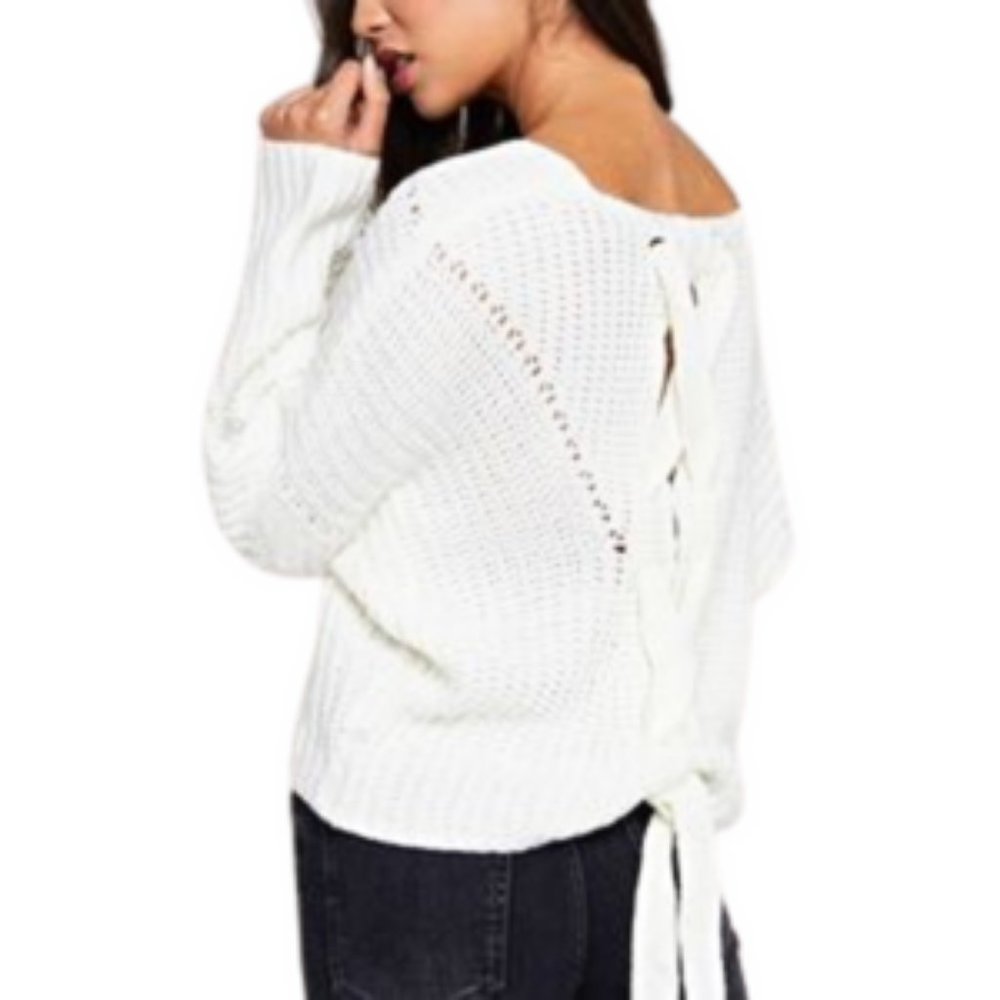 Small Ivory Lush V Neck Lace Up Back Long Sleeve Sweater - Picture 6 of 10